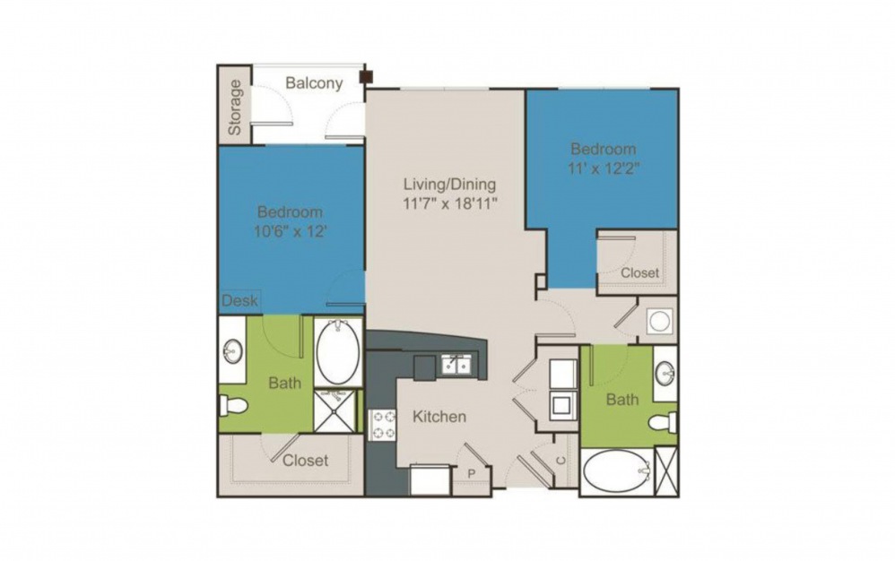 B1 - 2 bedroom floorplan layout with 2 baths and 995 to 995 square feet.