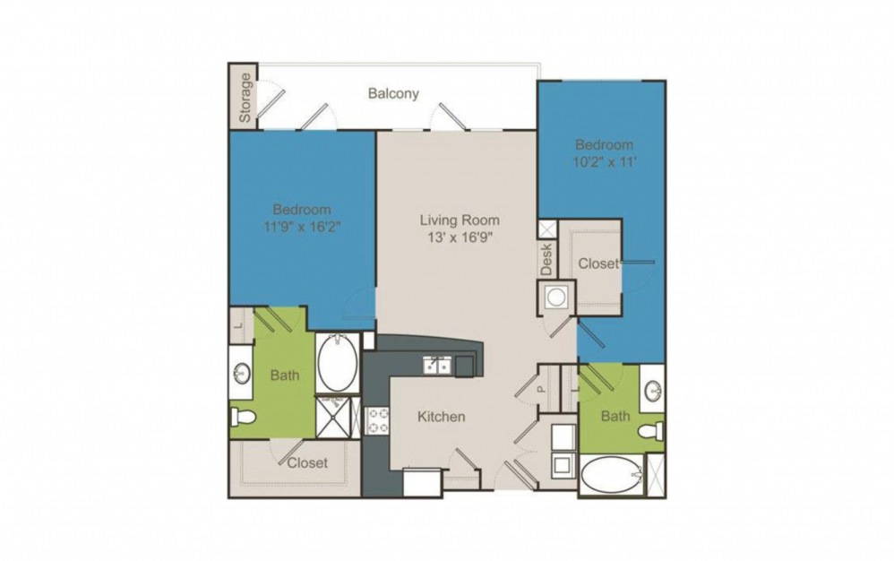 B2 - 2 bedroom floorplan layout with 2 baths and 1141 to 1141 square feet.