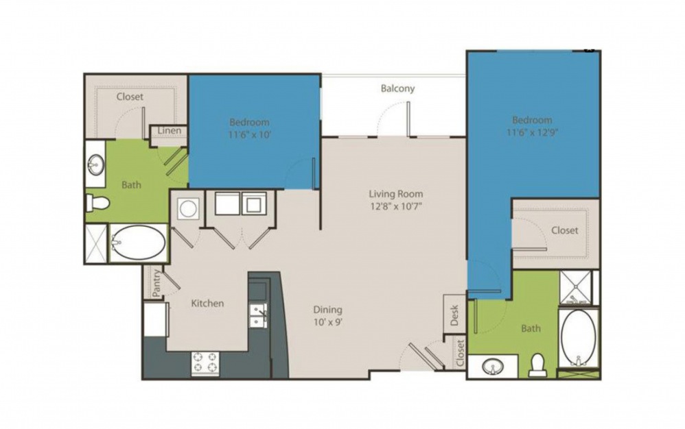 B3 - 2 bedroom floorplan layout with 2 baths and 1151 to 1151 square feet.