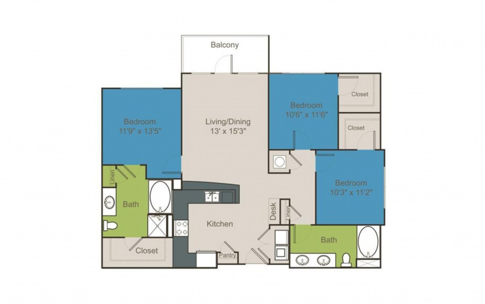 C1 - 3 bedroom floorplan layout with 2 baths and 1267 to 1267 square feet.
