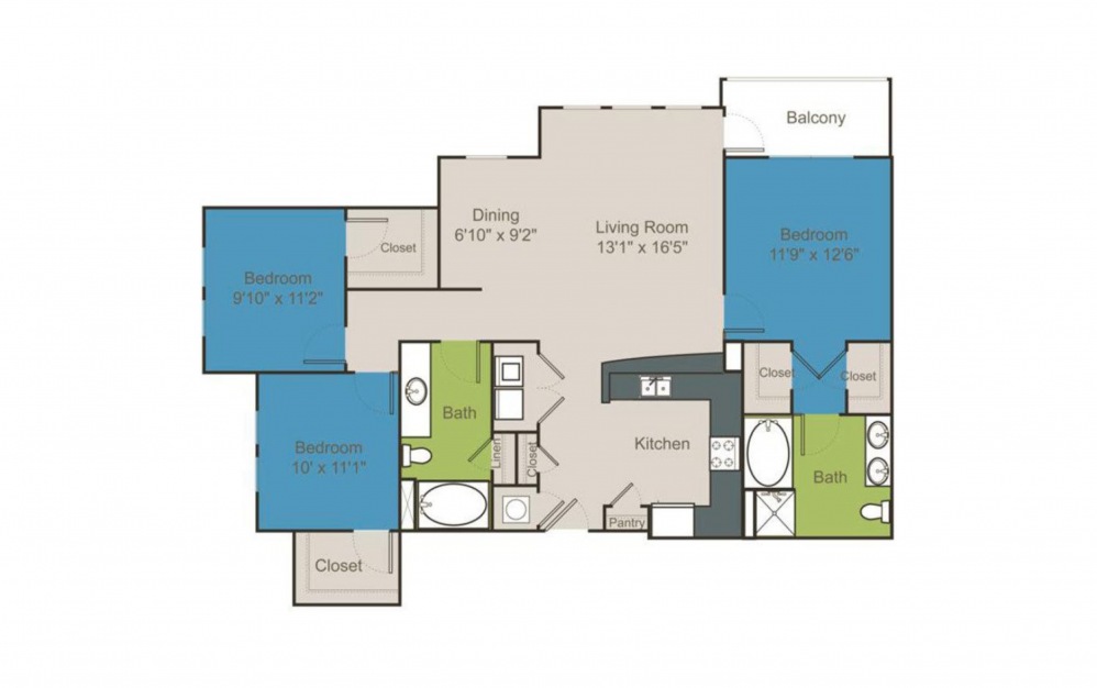 C2 - 3 bedroom floorplan layout with 2 baths and 1340 to 1340 square feet.
