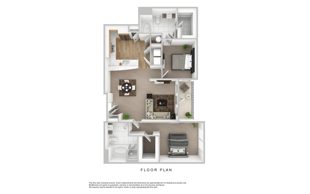 B3 - 2 bedroom floorplan layout with 2 bathrooms and 1151 square feet